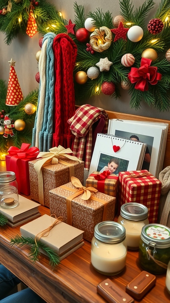 A collection of homemade Christmas gifts including candles, photo albums, and knitted scarves on a decorated table.
